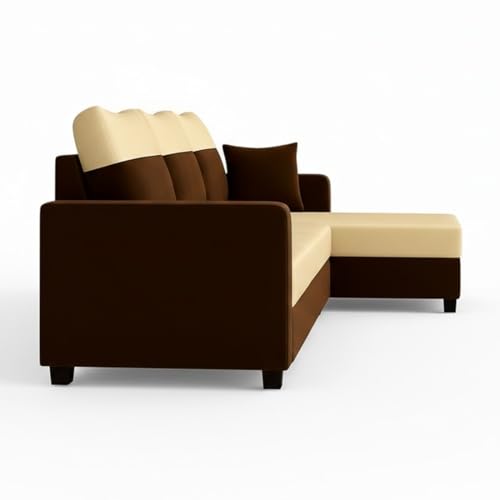 Image of Furny Arevva 6 Seater Fabric RHS L Shape Sofa Set (Cream-Dark Brown) | Soft Velvet Fabric | Modern Design | Comfortable Seating | Living Room Furniture