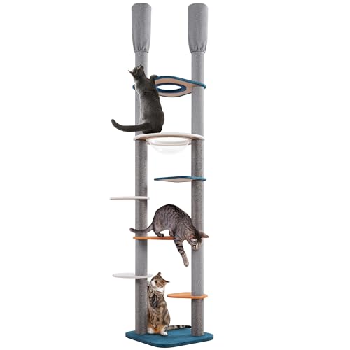 Yaheetech Cat Tree, Floor to Ceiling Cat Tower, Dual Columns Large Cat Tree w/ 95-103in Adjustable Height and 6 Scratching Posts, Clear Cat Bed & Platforms, Sturdy Climbing Tree for Cats Family