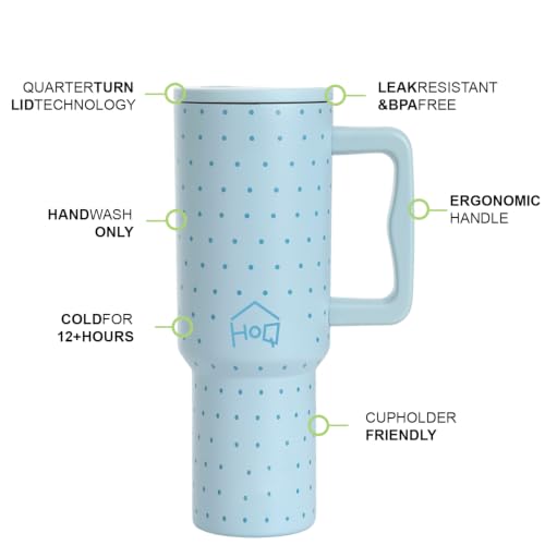 Image of House of Quirk 1200ML Stainless Steel Tumbler with Handle & Lid, 2 Straws - Large Travel Mug Water Cup for Gym, Office & Outdoor Use (Blue Polka)