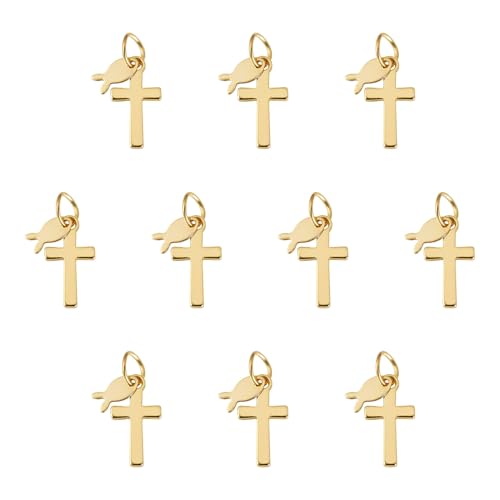 Image of 10Pcs 18K Gold Plated Cross Charms Brass Golden Crucifix with Fish Pendants Metal Permant Jewelry Charms with Jump Ring for DIY Bracelets Necklaces Earring Jewelry Making
