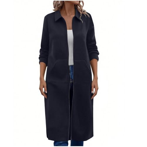 Womens Zipper up Fleece Long Jacket Long Sleeve Lapel Cardigan Jacket Solid Business Casual Jackets Coat with Pockets4