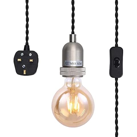Satin Nickel Pendant Light Fitting with Plug-in, Vintage Style Hanging Light KIT E27 Lamp Holder, 4500MM Braided Twisted Cable with On/of Switch-CMF05SN Cover