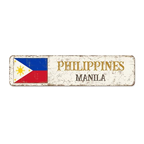 Philippines Country Souvenir Wall Art Decor Metal Sign City Souvenir Manila Men Cave Signs National Flag Philippines Retro Street Sign Quality Aluminum Sign for Kid Room Living Room 12x3in