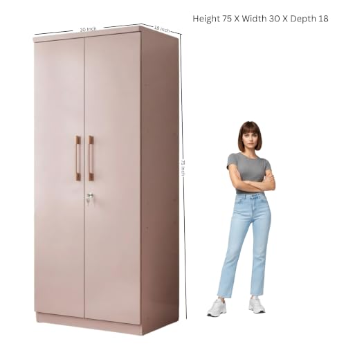 Image of 2 Door Wooden Wardrobe for Bedroom, Pink, 75x30x19 Inch