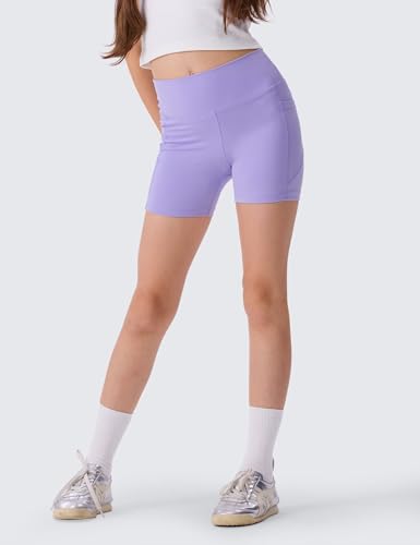 SKIDREAM Meninas Shorts De Ciclismo Atlético 4'' Com Bolsos, Cintura Alta Para Roupas Verão, Roxo