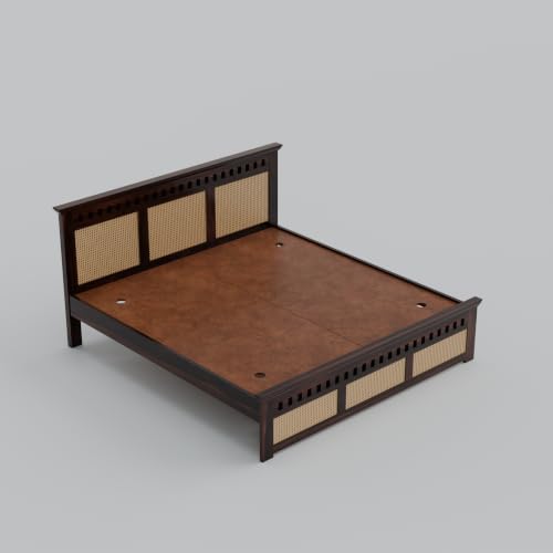 Image of Sheesham Wood King Size Cane Bed Without Storage Wooden Double Cot Palang Furniture for Bedroom Living Room Home Hotel (Walnut Finish) 1 Year Warranty
