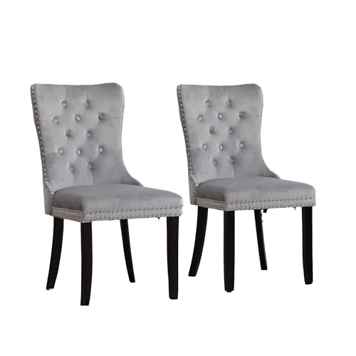 Neo 2 sillas tapizadas con respaldo alto y tachuelas de terciopelo aplastado para comedor, cocina, dormitorio, silla con botones y tachuelas y patas de madera (gris)