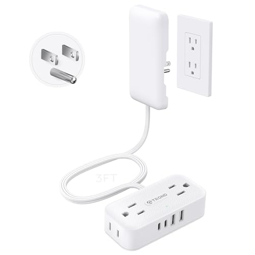 TROND 3FT Flat Extension Cord with Ultra-Thin Outlet Cover Flat Wall Plug Power Strip with 4 AC 4 USB Ports Hidden Outlet Extender for Tight Spaces 10A/1250W 900J Surge Protection White