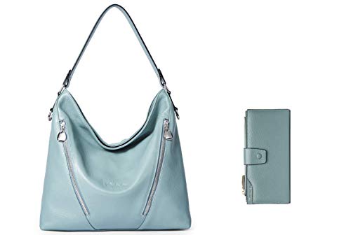 BOSTANTEN Women Leather Handbag Designer Large Hobo Purses Shoulder Bags Blue+BOSTANTEN Womens Wallet Genuine Leather Wallets Large Capacity Cash Cluth Purses with Zipper Pocket Blue Grey