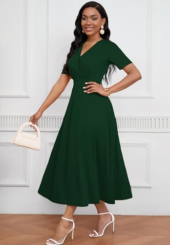 Image of MarryUP Women's Midi Dresses - V Neck Cocktail & Church Tea Dresses - Short Sleeve A-Line Swing Dress
