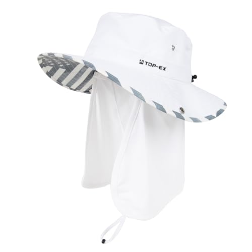 TOP-EX UVCoolix Cooling Sun Hat Unisex UPF 50 Wide Brim Bucket Hat with Detachable Neck Flap for Hiking, Fishing & Big Head Packable White USA X-Large L/XL