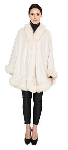 Womens Cape Coat- Luxury Cashmere Ponchos for Women with Fox Fur Trim- Pure Cashmere Wool Elegant Coats for Women (Cream)