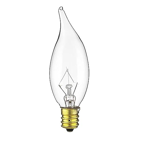 Sunlite 40009 Incandescent Petite Clear Chandelier Light Bulb, 15 Watts, 105 Lumens, Candelabra E12 Base, Flame Tip, 2600K Warm White, 12-Pack