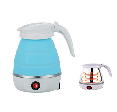 Travel Foldable Electric Kettle, 5 Mins Quick Boiling Portable Travel Kettle, Food Grade Silicone Kettle with Separable Power Cord and Handle Boil Dry Protection, 0.6 Liter (Blue)