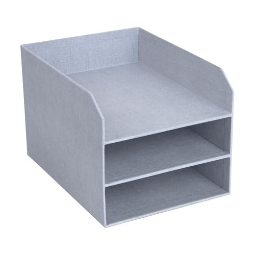 BIGSO Trey 3-stufige Briefablage – praktische Ablagefläche für Briefe, Dokumente in DIN A4-Format – Ordnungssystem aus Faserplatte mit Papier in Leinenoptik – hellgrau