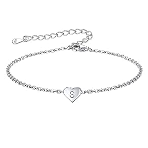 FOCALOOK Silver Initial Bracelet for Women Girls, Love Heart Letter A-Z Charm Bracelet, Sterling Silver Adjustable Jewellery Gift For Her -With Gift Box