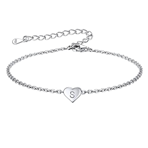 FOCALOOK Silver Initial Bracelet for Women Girls, Love Heart Letter A-Z Charm Bracelet, Sterling Silver Adjustable Jewellery Gift For Her -With Gift Box