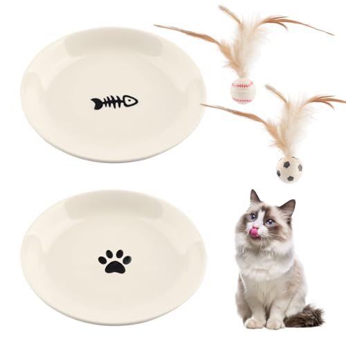 Katzennapf Keramik 2er– Rutschfestes Katzen Napfset Mit Silikonbasis, Flacher Fressnapf Katze Für Nass- & Trockenfutter, Whiskerfreundlicher Futternapf Katze Mit 2 Spielbällen, Katzen Futternapf Weiß