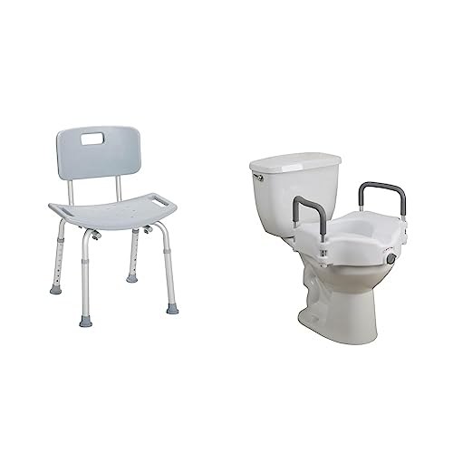 Drive Medical Rtl12202Kdr Bathroom Bench With Back, Gray & Rtl12027Ra 2-In-1 Raised Toilet Seat With Removable Padded Arms, Standard Seat #TOP18