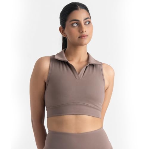 Image of HUNNIT 2 in 1 Sports Bra Crop Top - women's Polo Neck and Racerback styles with Medium Coverage, Lightly Padded, Stretchy Sports Bra perfect for Gym Workout and Sweat Wicking Fabric