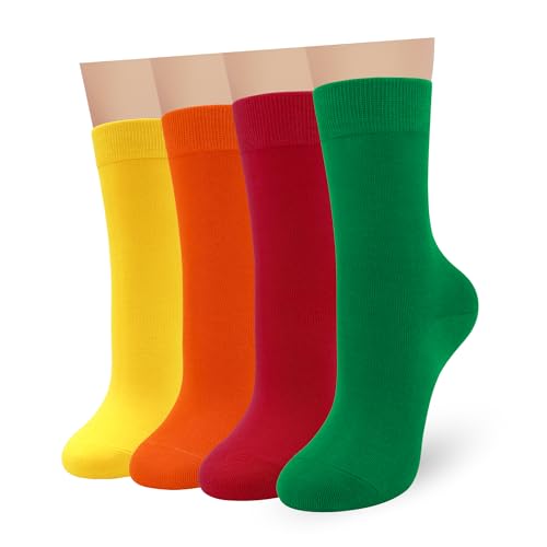 Womens Combed Cotton Color Thin socks Viscose- Breathable Soft Crew Casual Socks Comfort Gift 4 Pairs