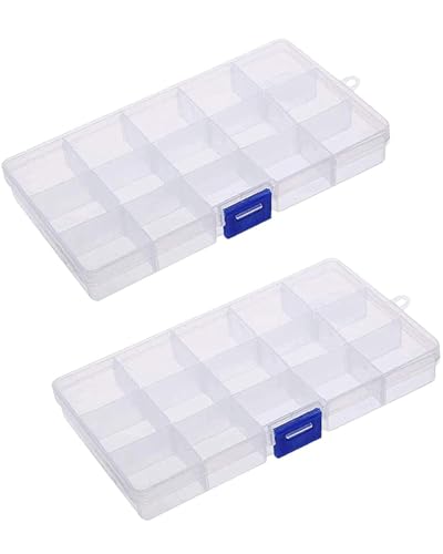 TOZBLEU2 pcs Scatole per Gioielli in Plastica,scatola porta oggetti,Scatola con 15 Scomparti in Plastica,Trasparenti Scatola con Divisori Per Riporre Viti,Perline,Materiale da Ufficio Ordinato
