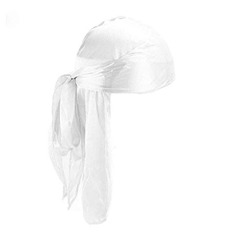 Herren Dehnbar Luxus Samt Langer Schwanz Drachen Durag Hip Hop Bandana Kopftuch Silky Soft Durag Cap Headwraps mit Langem (Weiß) Cover
