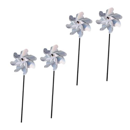POPETPOP Reflective Bird Scarer Windmill Pinwheels for Garden and Orchard, 4pcs Silver 7-Blade Outdoor Kinetic Wind Spinners for Bird Deterrent and Lawn Decor
