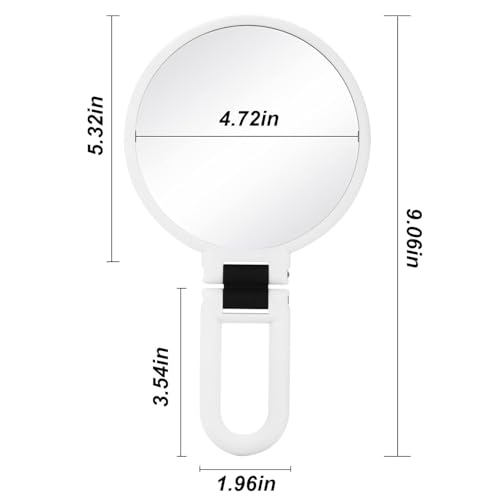 Image of BANIRA Handheld Mirror, Double-Sided Magnification (1x & 15x), Foldable Handle, White Finish, 13.5 cm x 2, Tabletop Mount, Perfect for Makeup & Grooming