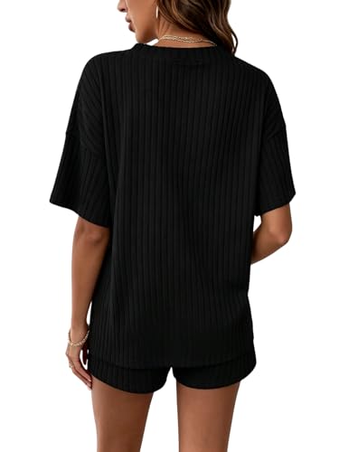 Image of MakeMeChic Women's Maternity Sets Summer Rib Knit Top and Short | 2 Piece Mama Clothes,Lounge,Short Sleeve Tee Shirt,Pregnancy Pajamas,Bump Friendly Outfits