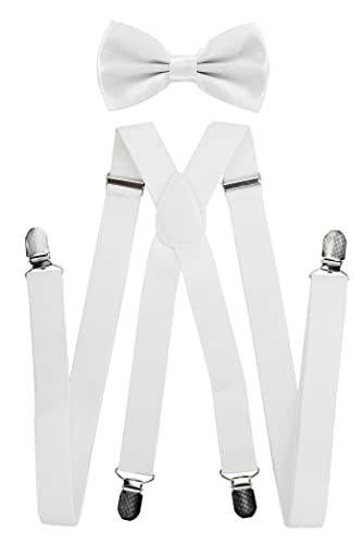 axy® Herren Hosenträger mit Fliege - 4 Starken Clips X-Form (Weiss (Hosenträger Breit 2,5cm))