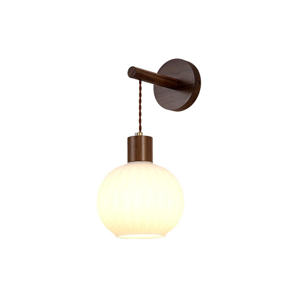 HUAYUSEDF Vintage Walnut Wood Farmhouse Wall Sconce Modern Milky White Glass Hang Light Fixture Mid Century Hallway Lighting Nordic Bedroom Mounted Lamp for Living Room Bedside Aisle