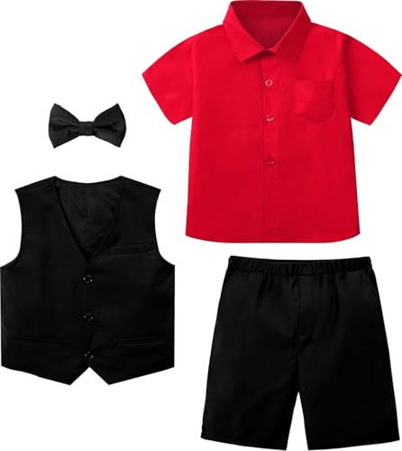Image of A&J DESIGN Boys Short Suit Set 3 Pieces Kids Formal Gentleman Outfit, 4-11 Years, Shirt + Vest + Shorts + Bow Tie