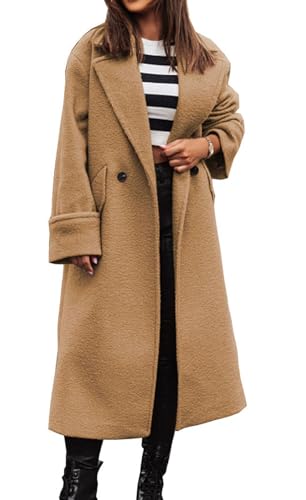 Image of CHARTOU Women Loose Long Wool Coat Notched Lapel Peacoat Woolen Jacket Winter Warm Overcoat Pea Coat Trench Coat (Small,Khaki)