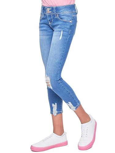 YMI Girls Essential 2-Button Anklet Jeans W/Distressed Hem3