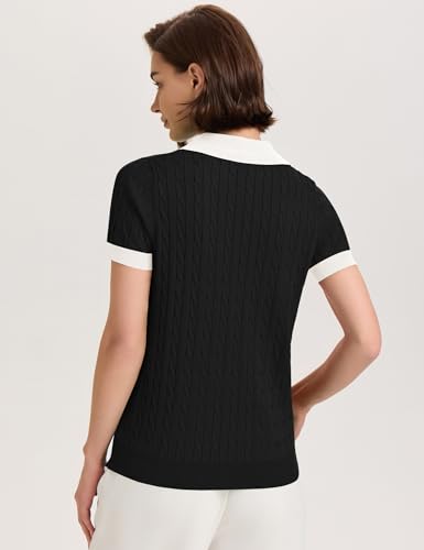 Image of Micoson Womens Short Sleeve Sweater Tops Lapel V Neck Polo Shirts 2026 Summer Cable Knit Loose Blouse Business Casual Outfits