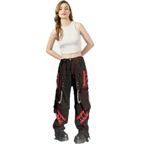 Women Vintage Goth Y2k Pants Punk Emo Baggy Bell Bottom Wide Leg Hip Hop Clothes Trousers Bootcut Jeans Strap Chain Striped