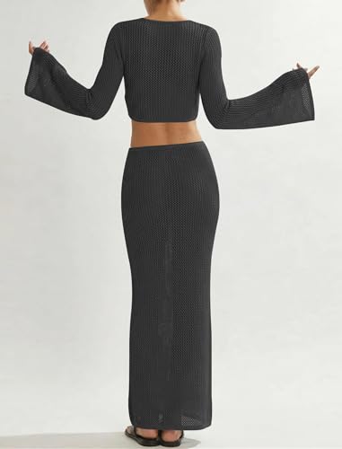 Image of Cakulo Women's Crochet Cover Up 2 Piece Beach Skirt Sets | Hollow Out, Tie Front Crop Tops, Bell Sleeve, Sarong Wraps, Swimsuit Bathing Suit Coverup, Resort Wear Beach Vacation Outfits