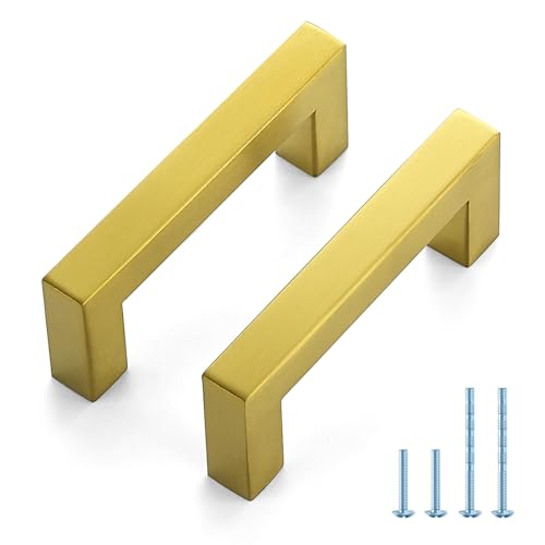 JOY DECOR 30 Pack Cabinet Handles, Gold Cabinet Pulls, 3 Inch Kitchen Handles Square Drawer Pulls Stainless Steel Drawer Hardware Handles, 76mm Hole Centers