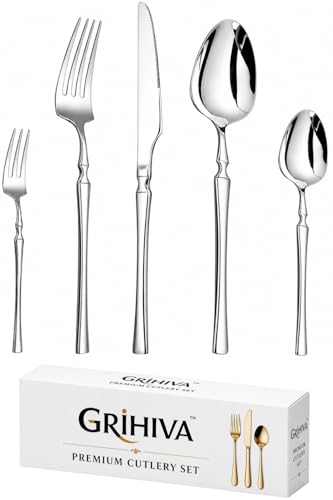 Image of 5 Pcs Silver Cutlery Set for Dining Table the Perfect Lightweight Silim Handle Tableware Including Dinner Spoon, Dinner Fork, Dinner Knife, Dessert Spoon & Dessert Fork