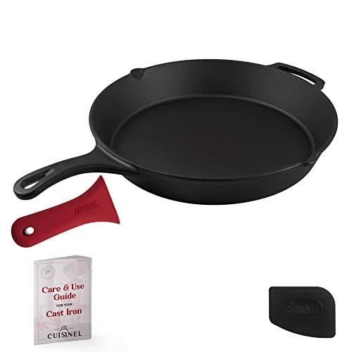 Image of Cast Iron Skillet + Pan Scraper - 15 inch-Inch Pre-seasoned Frying Pan + Heat-Resistant Silicone Handle Grip - Oven-Safe Kitchen Cookware - Indoor /Outdoor Use - Camping, Grilling, BBQ, Open Fire Safe