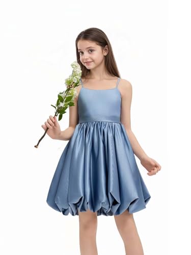 Satin Flower Girl Dresses for Wedding Spaghetti Straps Ball Gowns for Girls Short Girls Party Dress with Bow3