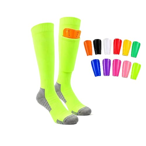 Set espinilleras y Calcetines fútbol con Bolsillo, EVA amortiguación para niños 6-12 años y Adultos, Calcetines Cortos Transpirables Antideslizantes Suela Toalla (M,White Guards+ Green Socks)