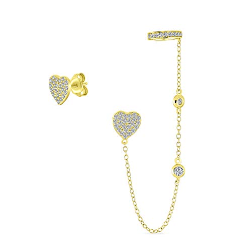 Heart Shaped Chain Cartilage Ear Cuff Wrap Earring Pave CZ Stud Helix Earring Stud Set 14K Gold Plated Sterling Silver