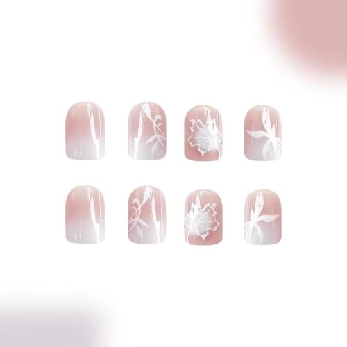 Image of Short Square Nail Press ons Pink White Fake Nails French Tip Glue on Nails with Ombre Design Glossy Reusable Artificial Acrylic Full Cover Maple Leaf Stick on Nails for Women Manicure 24Pcs