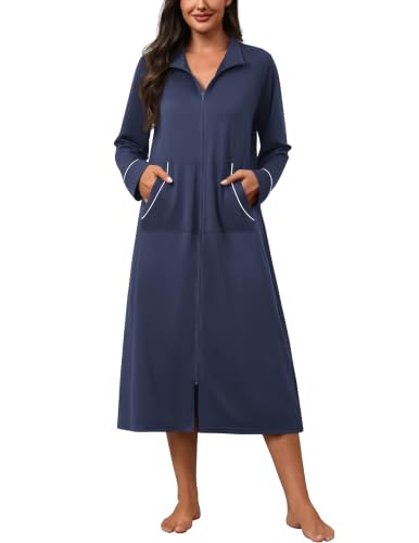 Image of Ekouaer Zipper Robes for Women Long Sleeve Lightweight House Coats with Pockets Zip Up Bathrobe Loungewear S-3XL
