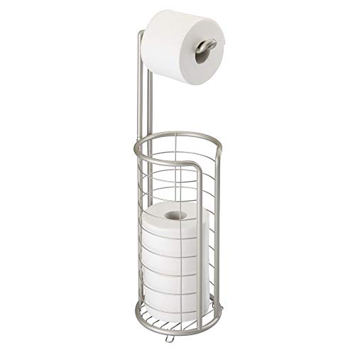 mDesign Modern Metal Freestanding Toilet Paper Roll Holder Stand and Dispenser with Storage for 3 Rolls of Reserve Toilet Tissue - for Bathroom Storage Organizing - Holds Mega Rolls - Satin