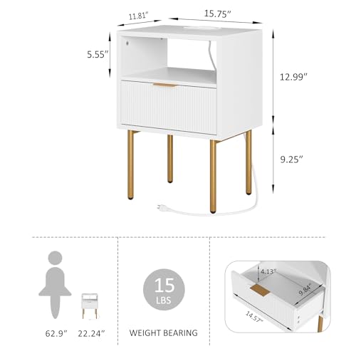 AEPOALUA Nightstand with Charging Station,Morden Bedside Table with Gold Frame,Small White Night Stand,End Table,Bedside Furniture,Side Table with Drawer and Shelf for Bedroom,Living Room