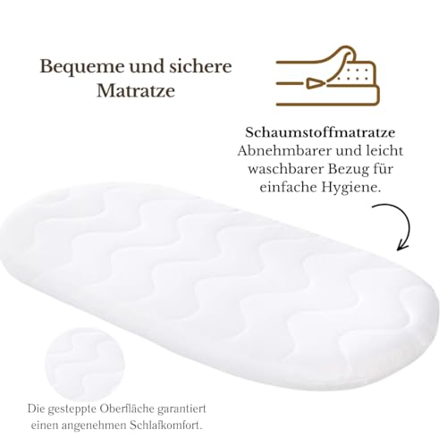 Miniatura 7 de Wiklinopol Moisés Bebé Con Ruedas Y Freno Cesta De Mimbre Natural Con Colchón Y Ropa De Cuna De Algodón 100 Oeko-Tex En Beige Set Completo Para Recién Nacidos Modelo Amelia