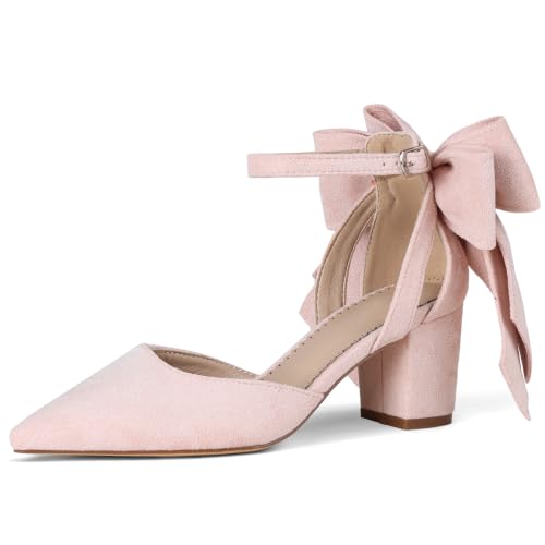 Yremael Women's Pink Bow Heels Pointed Toe Pumps Ankle Strap Chunky Block Kitten Heel Dress Shoes - image 1